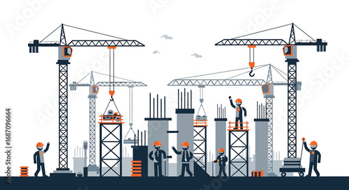 Animated construction site with workers and cranes building a structure quickly