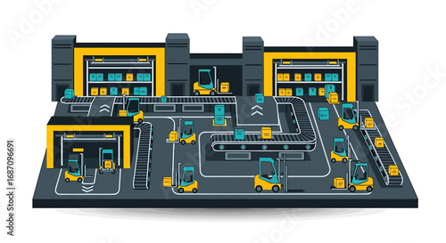 Isometric illustration depicting a modern logistics warehouse environment