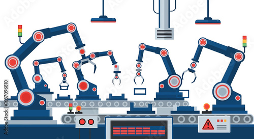 Automated production line with robotic arms, factory equipment and machinery