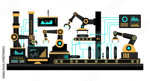 Futuristic automated production line with robotic arms and monitoring displays
