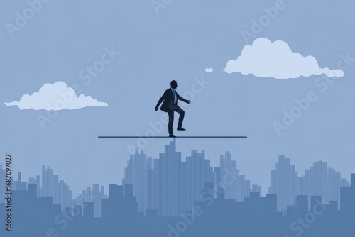Wallpaper Mural Businessman Balancing on Tightrope Against City Skyline and Clouds. Torontodigital.ca