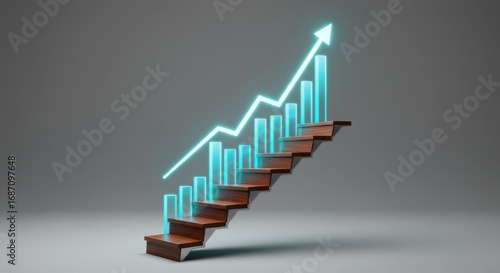 Financial chart and arrow on stairs showing business growth and success