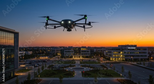 Drone flying above city buildings at dusk