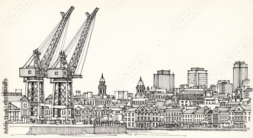 Hand-drawn sketch of the Port of Hamburg, Germany, with container cranes. A detailed black and white illustration of the industrial harbor.