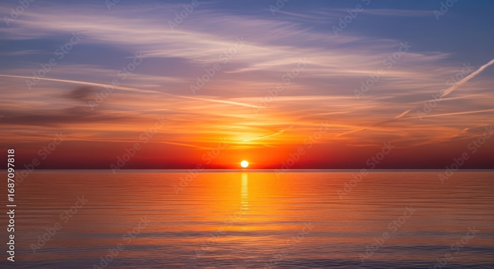 Fototapeta premium A serene sunset over the ocean with vibrant colors and soft clouds creating a peaceful atmosphere