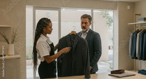 Saleswoman assisting customer with suit jacket purchase in boutique