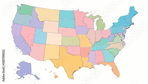 Vector map of USA with separated states in modern pastel color palette. Great for infographic, data visualization, education, and business presentations.