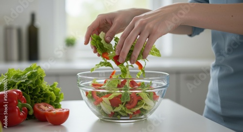Person preparing fresh salad with vegetables in kitchen