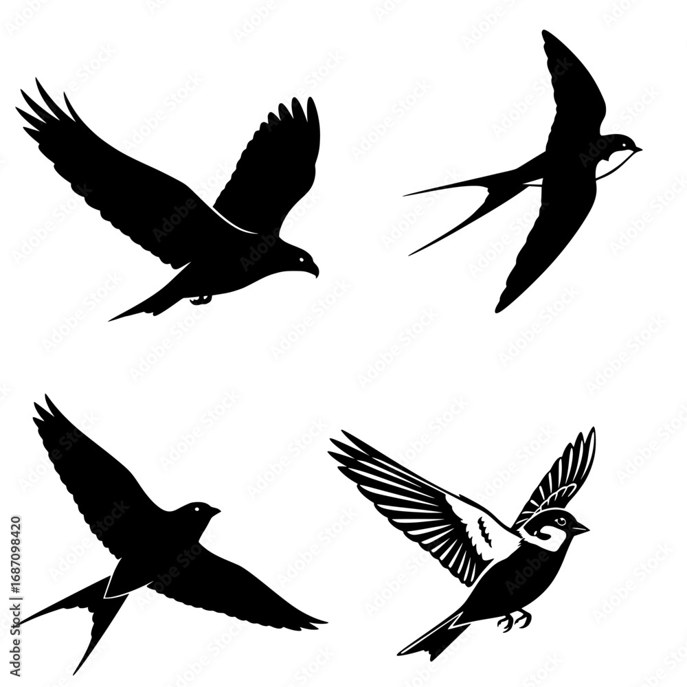 Obraz premium Flying bird silhouettes set, black and white vector, minimal, isolated