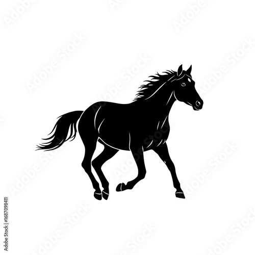 Horse running silhouette, black and white vector, isolated on white background