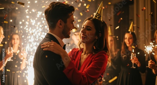 Couple dancing at New Year's Eve party with sparklers and confetti