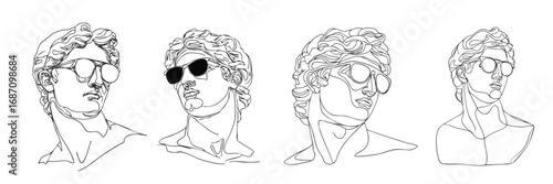 Minimal line art illustration of a greek statue heads with sunglasses