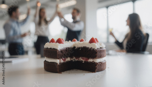 Office desk with birthday cake and colleagues celebrating in background  