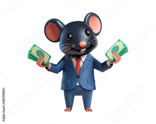 Successful 3D business mouse character in a formal suit holding wads of cash, symbolizing wealth and financial profit on a white background