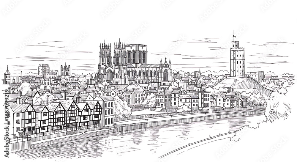 Fototapeta premium York Minster viewed from the River Ouse in York, England. A detailed hand-drawn black and white sketch of the historic Gothic cathedral.