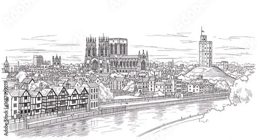 York Minster viewed from the River Ouse in York, England. A detailed hand-drawn black and white sketch of the historic Gothic cathedral.