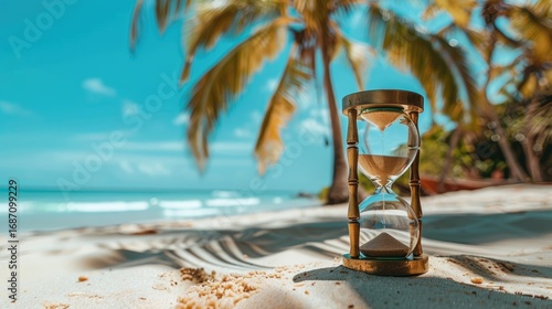 The hourglass on the background of the sea shore with gentle waves symbolizes the passage of time.