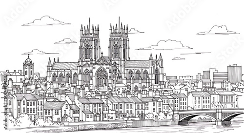 York Minster viewed from the River Ouse in York, England. A detailed hand-drawn black and white sketch of the historic Gothic cathedral.