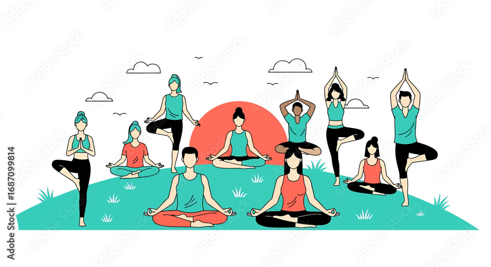 Fototapeta premium Diversity in yoga class shows harmony and wellness through mindful poses