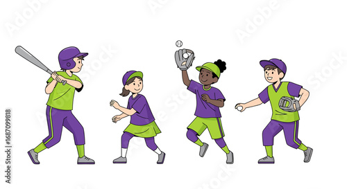 Illustrative softball team displaying fielding skills and batting stance