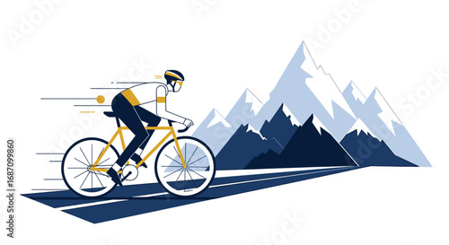 Stylized cyclist riding uphill with mountainous scenery in the distance