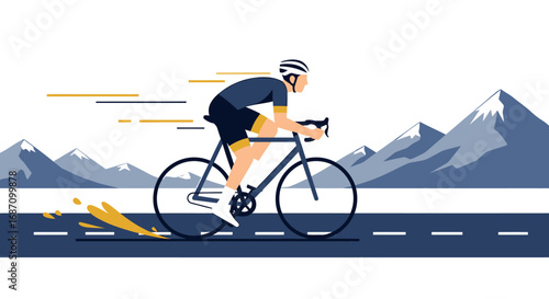 Dynamic cycling illustration featuring a cyclist on a mountain road journey