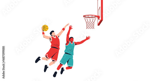 Dynamic basketball scene featuring two athletes in a mid-air duel for the ball