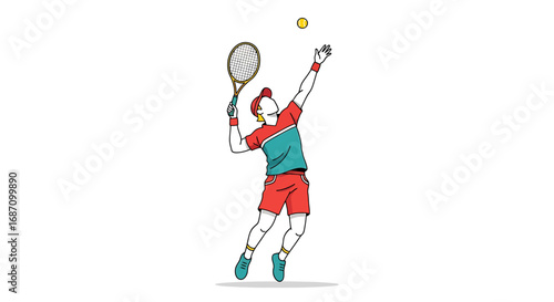 Dynamic tennis player serving with precision and style on white background