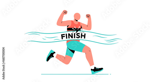 Achieving victory runner crosses the finish line illustration with triumphant