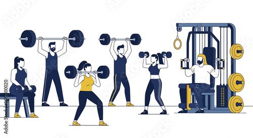 Stylized vector illustration showing diverse people in various weightlifting