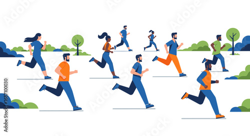 Flat Illustration of Diverse Group Jogging for Wellness in a Green Environment