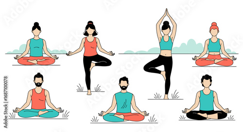 Stylized figures demonstrating diverse yoga poses for mind body harmony exercise