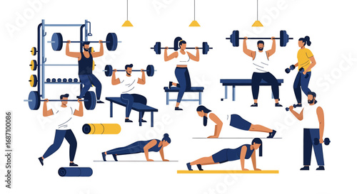 Varied fitness exercises in a modern gym setting, promoting active wellness