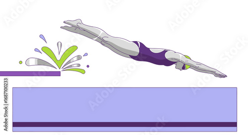 Stylized swimmer diving into a pool graphic illustration with vibrant splashes