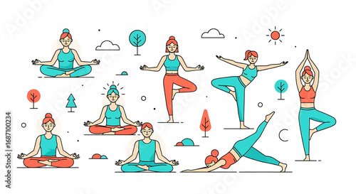 A colorful array of women practicing diverse yoga poses amidst nature elements