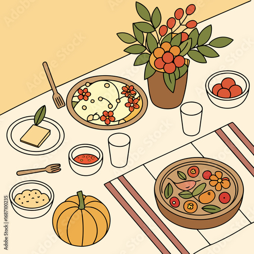 set of food and drinks