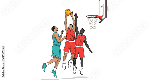 Competitive basketball match, teamwork and strategic play during intense moment