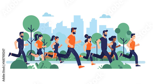 Urban wellbeing a group of diverse people exercising in a city park illustration