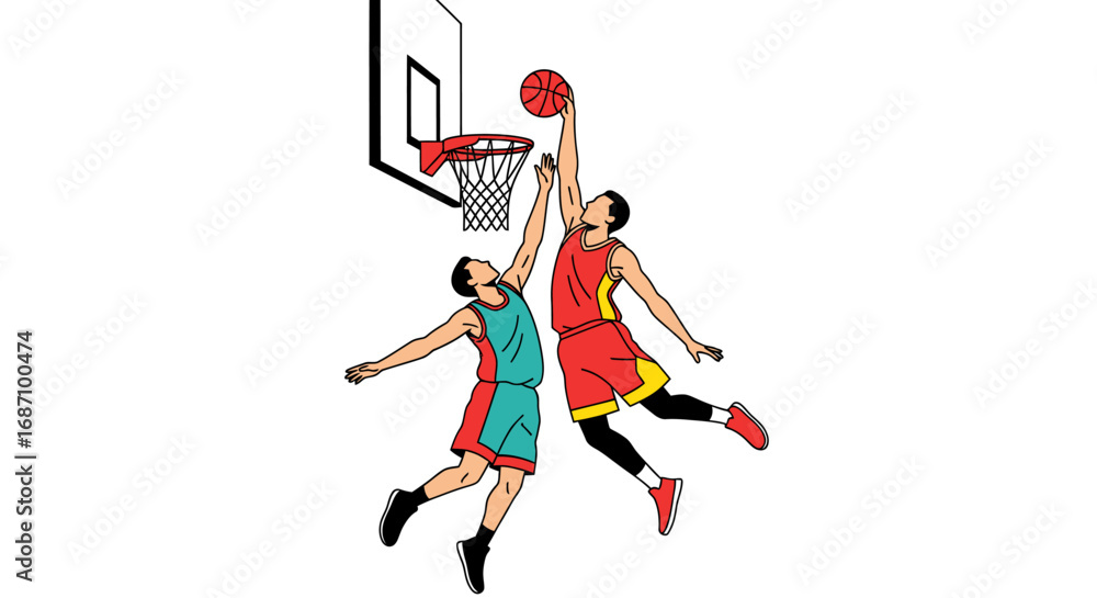 Obraz premium Dynamic basketball duel: Two players compete for a scoring opportunity near hoop