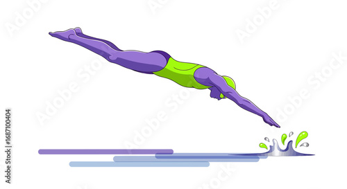 Vivid cartoon rendition of a swimmer diving into water in artistic rendering