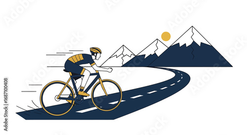 Stylized cyclist conquering the mountain road with determination under the sun