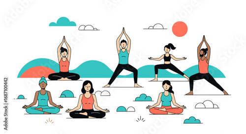 Diverse group practices yoga positions for health and wellbeing in a serene