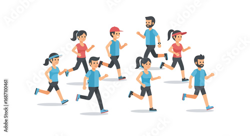 Group of cartoon people running for competition, fitness or recreational