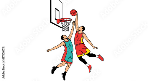 Dynamic basketball duel: Two players compete for a scoring opportunity near hoop