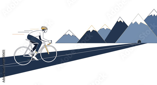 Cyclist's stylized ascent, pursuing mountainous horizons, a minimalistic