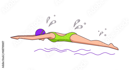 Illustration of a swimmer in a green swimsuit gliding through the water with