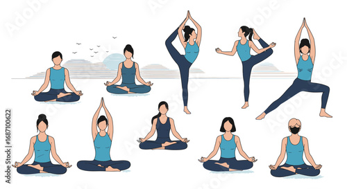 Diverse yoga poses illustrated on a serene backdrop promoting holistic wellbeing