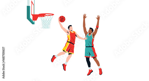 Vibrant illustration of basketball players in action near the net aiming to