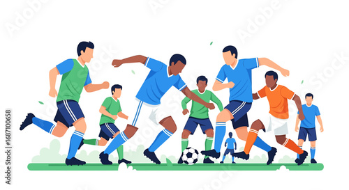 Dynamic scene displaying a soccer match with diverse players in vibrant jerseys