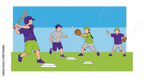 Illustrative depiction of children playing baseball on a bright field activity